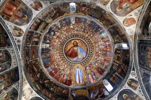 Le Baptistere de Padoue. Fresques du plafond du 14ème siècle par Giusto de Menabuoi. Le Paradis. Christ bénissant avec anges, patriarches, prophètes et saints. Padoue, Italie.