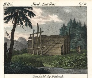 Tombe en bois des Indiens Wakashan (Canada). Lithographie pour le livre : « Galerie complète en tableaux fidèles des peuples d
