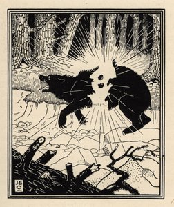Le baron explose un ours noir avec deux silex. Illustration de William Strang et JB Clark de « Les Aventures du Baron de Münchhausen » par Rudolf Erich Raspe (1789)