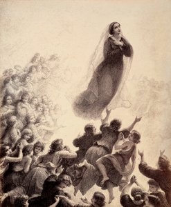 Les esprits des bienheureux, les bras tendus, accompagnent la réascension de Marie vers l