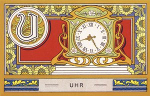 U : Uhr - Alphabet Palmin. Série de chromolithographies éditées par H. Schlinck & Cie, Hambourg, s. d. Publicité pour Palmin feinstes Cocosfett. Dimensions : 7 x 11 cm
