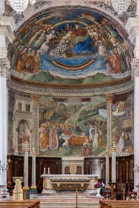 Vue de la nef et du presbytère avec les Histoires de la Vierge, Duomo, Cathédrale de S. Maria Assunta, Spoleto, Ombrie, Italie