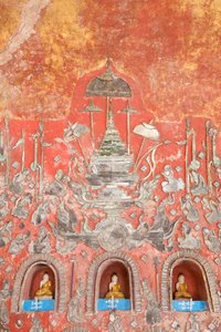 Mur avec de petits Bouddhas et des figures en verre plombé, monastère Shwe Yaunghwe Kyaung, Nyaungshwe, lac Inle, Myanmar - Unbekannter Künstler