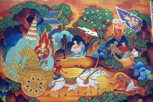 Temple bouddhiste thaïlandais Wat Ananda Metyarama. Peinture de la vie du Bouddha, 20160818, Singapour
