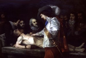 William Harvey (1578-1657) médecin et physiologiste anglais, montrant ici la circulation sanguine