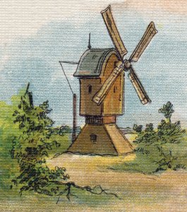 Moulin à vent. Gravure dans "Alphabet de ma petite fille". Bernardin-Bechet et Fils, libraires-éditeurs, Paris, vers 1895. Album incassable sur toile. Bibliothèque des Bébés. 12 pages. Album contenant une méthode de lecture et un abécédaire illustratif.