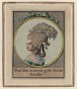 Femme dans un nouveau style de pouf appelé le Stradre. Pouf avec un nouveau goût appelé le Stradre. Gravure en cuivre colorée à la main par un artiste inconnu tirée d