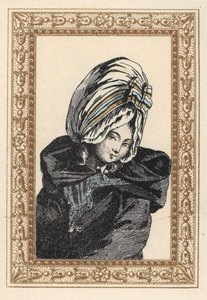Femme en cape de nuit et grand chapeau Voluptuese. Cheveux de nuit, a la Voluptueuse. Lithographie colorée à la main par de Laubadère tirée de « Coiffures de Style ou Parure Excentrique de l
