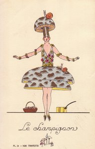 Femme en costume de fantaisie champignon, le champignon, chapeau et robe en forme de champignon, décorés d