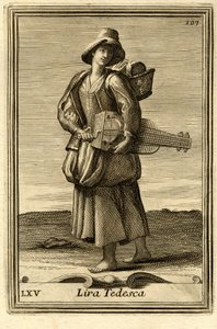 Femme jouant de la vieille (ou "Lira tedesca" ou "ghironda"). Dans "Gabinetto Armonico" par Filippo Bonanni, Rome - Unbekannter Künstler
