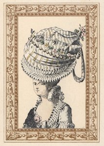 Femme portant un énorme chapeau appelé le Bonheur du Siècle. Lithographie colorée à la main par de Laubadère tirée de « Coiffures de Style ou Parure Excentrique de l