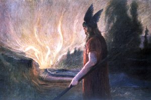Wotan devant le bûcher de Brünnhilde, début du XXe siècle (carte postale)