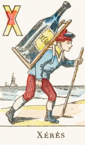 X : Xérès, un garçon porte sur son dos une grande bouteille de vin - Alphabet des jeux, vers 1890 (gravure)