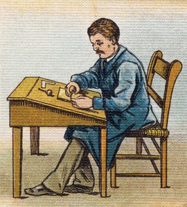 Xylographe dans son atelier. Gravure dans "Alphabet de ma petite fille". Bernardin-Béchet et Fils, libraires-éditeurs, Paris, vers 1895. Album incassable sur toile. Bibliothèque des Bébés.