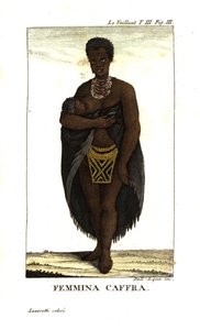 Jeune femme San allaitant un enfant, Afrique du Sud. Elle porte une cape, des colliers et une jupe perlée. De François Le Vaillant
