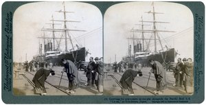 Accueil des nouveaux arrivants sur le quai à côté du Pacific Mail SS China, Yokohama, Japon, 1904