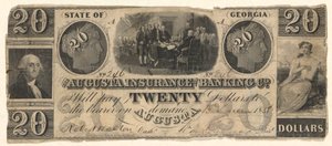 Billet de 20 dollars émis par la Augusta Insurance & Banking Co., Augusta, Géorgie en 1858 avec gravures de la Déclaration d