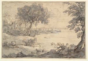 Vue côtière avec ruines et navires