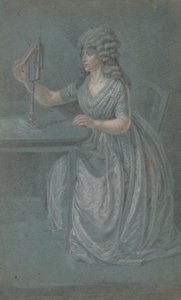 Une femme assise tenant un physiognotrace - Unknown