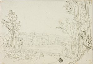 Chariot se dirigeant vers le pont entre les arbres ; Villa au loin - Unknown