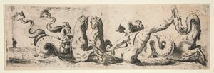 Frise avec un dieu de la mer, un monstre marin et trois chevaux marins - Unknown