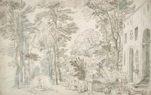 Jardin avec fontaines et arbustes en pot
