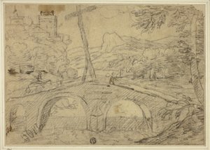 Paysage avec pont sur gorge, avec montagnes et château au loin - Unknown