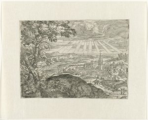 Paysage avec vue sur la ville et soleil rayonnant - Unknown