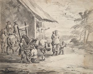 Hommes ferrant un cheval devant une auberge de campagne - Unknown