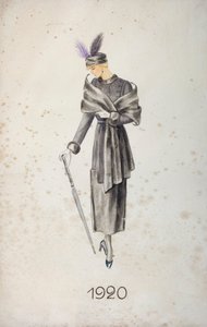 Modèle portant un manteau et un chapeau à plumes, tenant un parapluie - Unknown