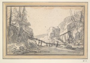 Paysage montagneux avec pont en bois