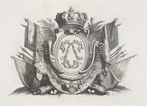 Blason Royal avec Couronne et Drapeaux Entrelacés