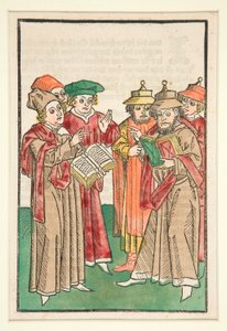 Trois Savants Chrétiens et Trois Savants Juifs Disputant, illustration de Der Seelen-Wurzgarten - Unknown