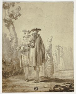 Trois musiciens et deux dames en extérieur - Unknown