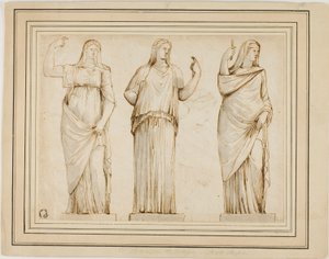 Trois statues romaines de figures féminines drapées et croquis d