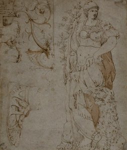 Trois croquis : Force, une sandale et grotesques (recto); Croquis de grotesques et cuirasse romaine (verso) - Unknown