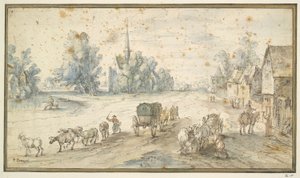 Rue de village avec bétail et charrettes - Unknown
