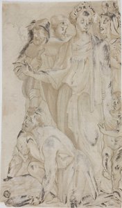 Femme et jeune garçon nu entourés de figures