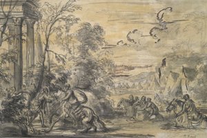 Femme à cheval traversant un ruisseau