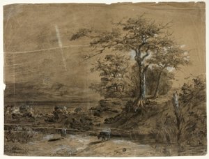 Paysage boisé avec vaches au premier plan - Unknown