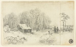 Cabane en forêt, avec des chasseurs approchant - Unknown