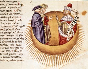 4ème Ciel : Dante et Béatrice rencontrent le roi Salomon. Page enluminée illustrant un chant du Paradis tiré de la "Divine Comédie" de Dante Alighieri (1265-1321). 14ème siècle, Venise, Biblioteca Marciana