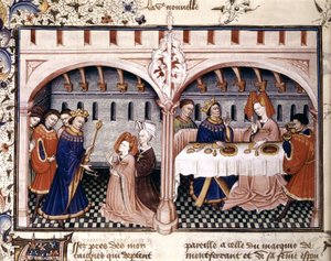 6ème nouvelle : Giovanna déjeunant avec Federigo Alberighi, illumination extraite du Décaméron de Boccace (1432) - Unknown artist