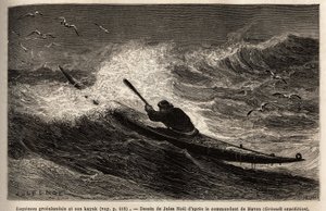 Un kayak groenlandais, passant la barrière de vagues. Gravure pour illustrer le voyage vers la mer libre du pôle Arctique, par le Docteur Hayes, chirurgien de la Marine des États-Unis, en 1860-1862, publié dans « Le tour du monde, nouveau journal des voyag - Unknown artist