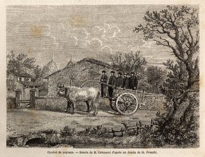 Un chariot siennois de paysans, à deux roues, pour le transport de tonneaux de vin, tiré par un couple de petits bœufs blancs. Gravure pour illustrer un voyage à Sienne (Italie) en 1865, dans « Le tour du monde, nouveau journal des voyages » publié sous la - Unknown artist