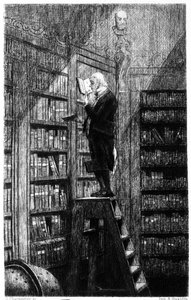 Un bibliothécaire sur son échelle examinant des livres sur des étagères. Gravure du 19ème siècle - Unknown artist