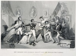 Un garde du corps sauvé par une garde nationale (29 juillet 1830) - dans « Fastes des Gardes nationales de France »
