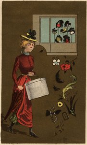 Une bourgeoise portant une boîte à chapeau, chromolithographie anonyme, fin du 19e siècle. - Unknown artist