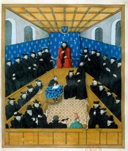 Une cour de justice au 15e siècle. Miniature. Paris, B N