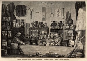 Un commerce de curiosités à Yokohama. Gravure pour illustrer le voyage au Japon, par Aimé Humbert, ministre de la Confédération suisse, en 1863-1864, publié dans « Le tour du monde » 1869, édité par Édouard Charton, édition Hachette, Paris. Collection Selv
